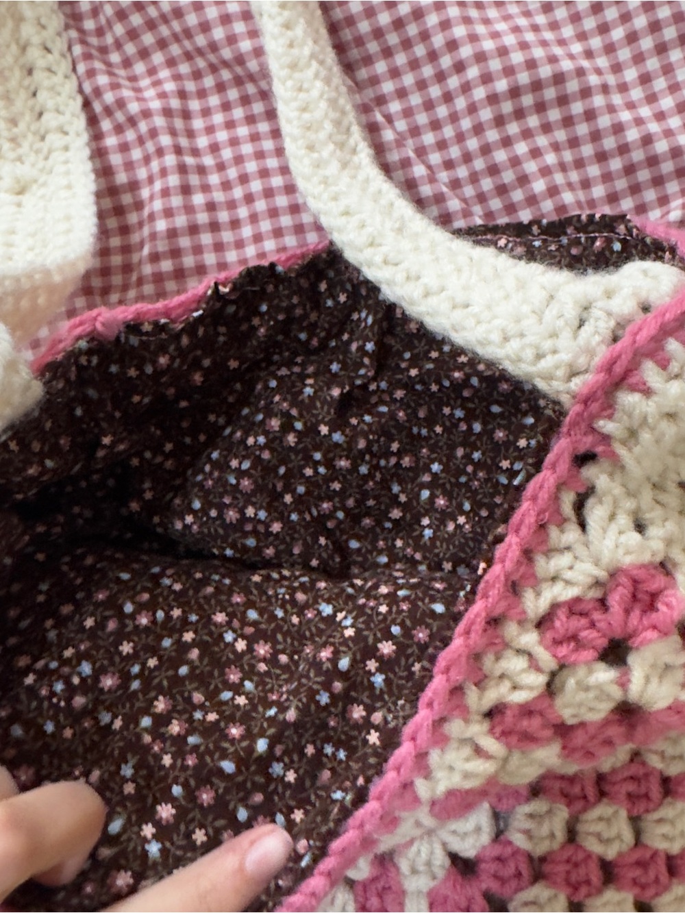 Cream and Pink Crochet Shoulder Bag - Handmade Boho Style - Picture 6 of 9